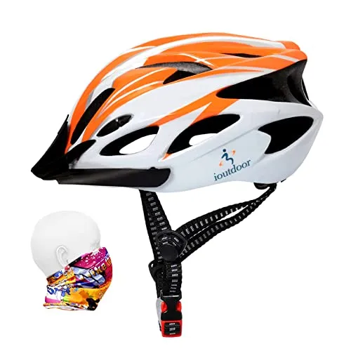 ioutdoor Erwachsene Fahrradhelm CE EN1078, EPS-Körper + PC-Schale, Robust und Ultraleicht, mit Abnehmbarem Visier und Polsterung, mit freiem Stirnband, Verstellbar Radhelm(56-62cm)(Orange Weiß)