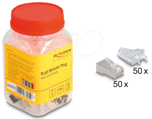Delock RJ-45 Netzwerkanschluss - CAT 6 (Packung mit 50) - RJ45 Stecker, -buchsen für schnelle Netzwerkanbindungen, ideal für professionelle Installationen und hohe Datenübertragungsraten.