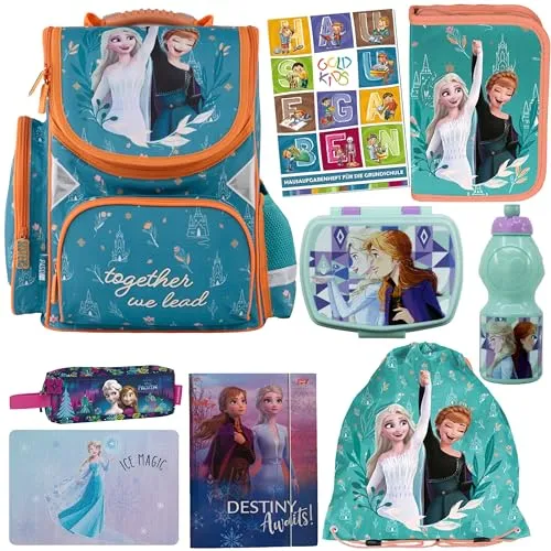 Goldkids - Schulranzen für Jungen und Mädchen, 9er-Set - Schul-Rucksack für Kinder mit Federmäppchen - Schuhbeutel Malunterlage Sammelmappe und Hausaufgabenheft - Frozen Motiv - 1-3 Klasse