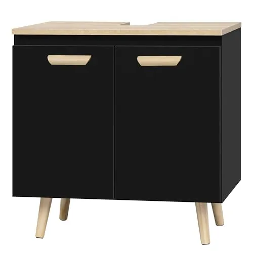 EUGAD Waschbeckenunterschrank Unterschrank Badezimmerschrank Waschtisch Badschrank Beistellschrank mit 2 Türe 60 x 40 x 60,5 cm Schwarz/Natur