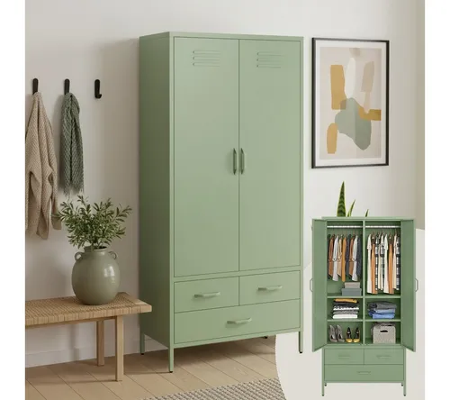 skølm Kleiderschrank Atria - Mintgrüner Metallkleiderschrank mit 2 Türen und 3 Schubladen - Kleiderschränke mit flexiblen Stauraum: 4 höhenverstellbare Einlegeböden und eine Kleiderstange bieten individuelle Anpassungsmöglichkeiten für Ihre Kleidung.