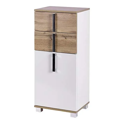 Schildmeyer Badschrank Luca 135869, stehend - Bad-Kommode mit 2 Fächern und 2 Schubladen, feuchtigkeitsbeständig und ideal für Ordnung im Badezimmer. Hochwertige Verarbeitung in weiß und eiche-Dekor, Made in Germany.