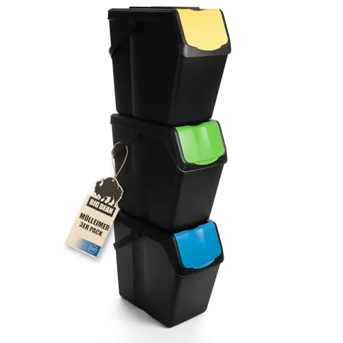 BigDean Mülltrennsystem 3x 25L - Stapelbarer Küchenmülleimer mit Henkel - Praktisches 3-Fächer Mülltrennsystem mit 3x 25 Litern Volumen, ideal für Küche, Garage oder Büro. Mit Tragegriffen und abnehmbaren Deckeln für mühelosen Transport und hygienische Leerung.