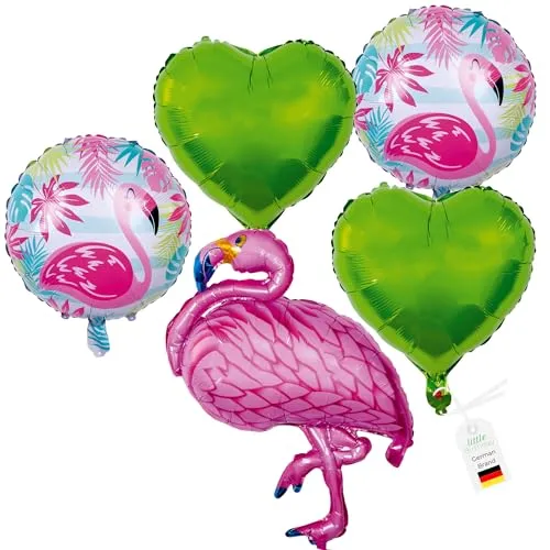 LITTLE BIRTHDAY | Set mit 5 Folienballons | 2x grüne Herze Ballons | 2x runde Flamingo Luftballons | 1x rosa Flamingo Ballon | Helium Gas Balloon | Geburtstag | Kindergeburtstag