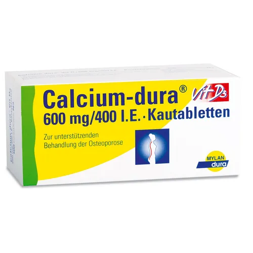 Calcium-dura Vit D3 600mg/400 IE - Osteoporose Unterstützung - Arzneimittel zur Behandlung von Osteoporose, mit 600 mg Calcium und 400 IE Vitamin D3 zur Stärkung der Knochen und Vorbeugung von Mangelzuständen bei älteren Patienten.