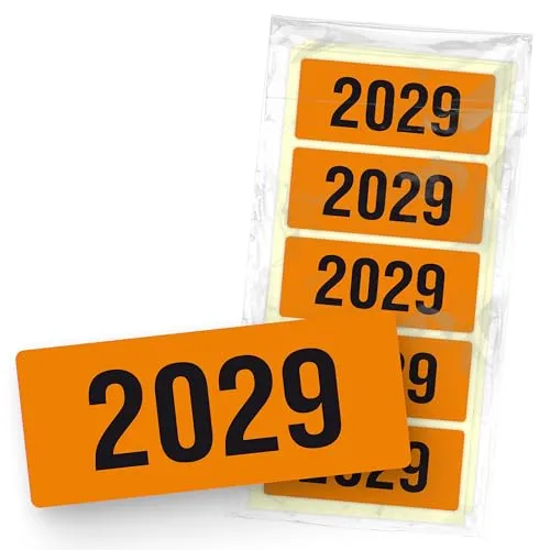 itenga 50x Jahresetiketten Ordner Inhaltsschild Jahreszahl I Aufkleber für Akten selbstklebend aus Haftpapier Rechteckig 6x2,5cm (Kalenderjahr 2029 orange)