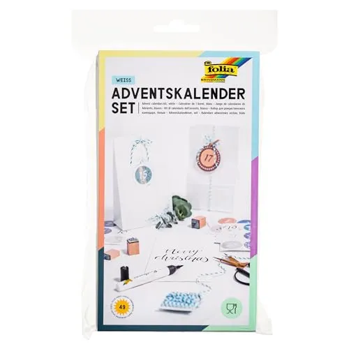 folia 9401 - Adventskalender-Set mit 24 lebensmittelechten Papiertüten in weiß, Kordel und Zahlensticker