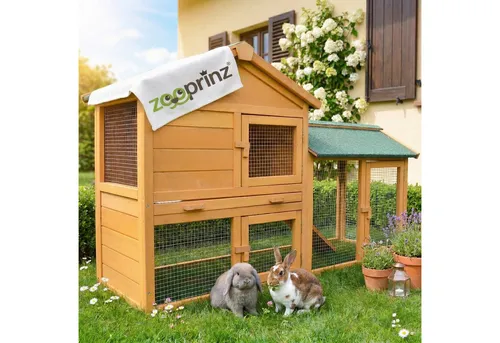 Zooprinz Kleintierstall Villa mit Auslauf 147x85x53 cm - Ställe für Outdoor-Nutzung, wetterfestes Kiefernholz, inklusive Freilaufgehege und Kotschublade für einfache Reinigung.