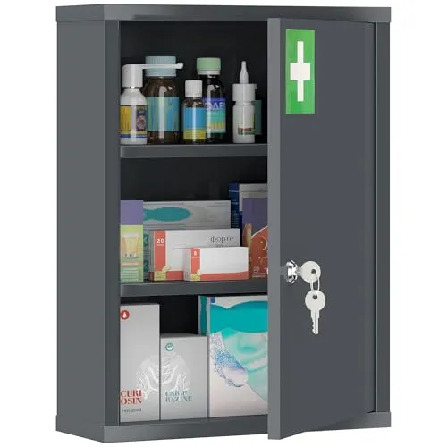 kleankin Medizinschrank mit 3 Fächern, abschließbar und kindersicher, 40 x 15 x 53,5 cm - Praktischer Medizinschrank mit 3 Fächern für die Wandmontage. Sicher und platzsparend, ideal für Familienhaushalte. Langlebig aus hochwertigem Stahl, passend für jedes Badezimmer.