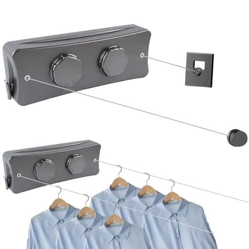 Yallmie Wand Wäscheleine Ausziehbar Edelstahl, 2 X 5,1m Wäscheleine Ausziehbar Wandmontage Wäscheleinen Ausziehbar für Balkon Waschküche Hotel Badezimmer Schlafzimmer Maximale Belastbarkeit 22 Kg