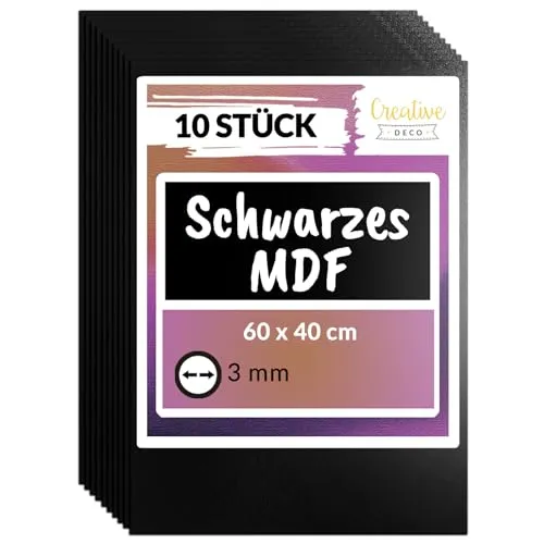 Creative Deco 10 Stück MDF Platten 600 x 400 x 3 mm | Schwarz - Hochwertige MDF-Platten, ideal für Laserschnitt und Modellbau. Mit abgerundeten Kanten für sicheres Arbeiten. Perfekt für DIY-Projekte, Innenausbau und kreative Gestaltung.