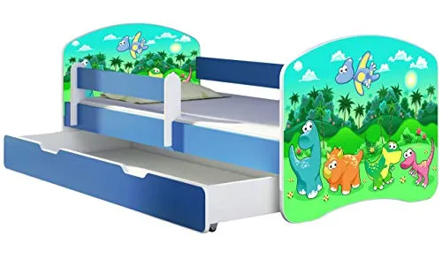 ACMA Kinderbett Jugendbett mit Einer Schublade und Matratze Blau mit Rausfallschutz Lattenrost II 140x70 160x80 180x80 (30 Dino, 180x80 + Bettkasten)