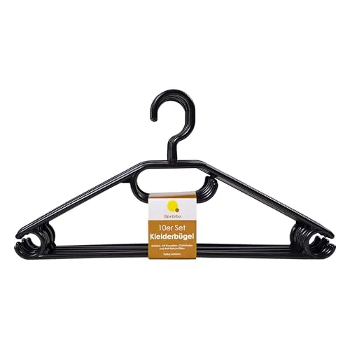 Kleiderbügel 10er Pack aus 100% recyceltem Kunststoff in schwarz - extra schwere Qualität (45g pro Bügel) Made in EU - mit Anti-Rutsch-Rillen und Krawatten- BZW. Gürtelhalter