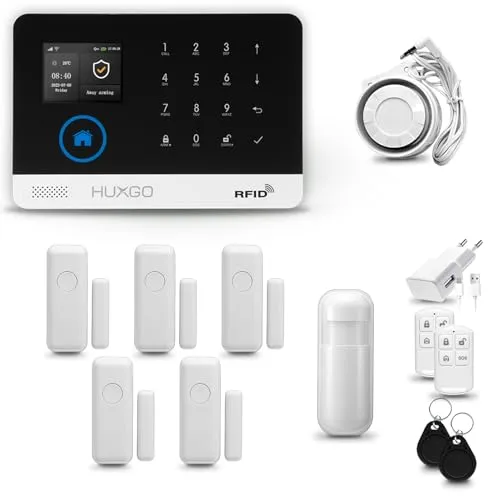 HUXGO® HXA003 Funk Alarmanlage Set WiFi + GSM mit Sirene | Alarm System mit Bewegungsmelder, 5X Tür- Fenstersensor, Fernbedienung | Wohnmobil Alarmanlage