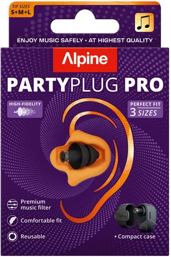 Alpine PartyPlug Pro Schwarz - Effektiver Gehörschutz - Schlagzeug Gehörschutz mit 21 dB Dämpfung und Musikfilter für klare Klänge. Inklusive drei Ohreinsätzen für individuellen Sitz und praktisches Aufbewahrungscase.