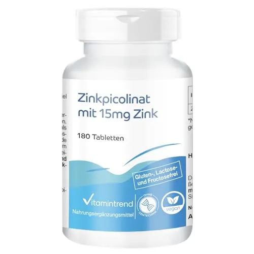 Zink 15mg aus Zinkpicolinat - 180 vegane Tabletten ! 6-MONATS-VORRAT ! essentielles Spurenelement | Vitamintrend®