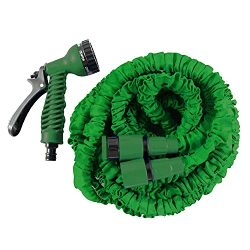 HELO Gartenschlauch flexibler dehnbarer Wasserschlauch 7,5 m ausgedehnt (2,5 m gefaltet), Farbe: Grün - Flexibler Garten Flexischlauch mit verstärktem Gewebe inkl. 7 Funktionen Spritzpistole