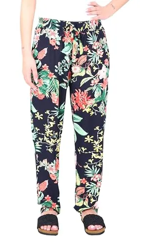 Easy Young Fashion Damen Sommerhose - Florale Freizeithose mit elastischem Bund - Lange Boho Hose - Strandhose Stoffhose aus Baumwolle 777 - (Blau-Floral)