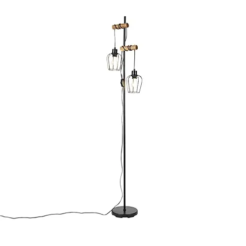 Qazqa Landhaus I Vintage Stehlampe schwarz mit Holz - Standleuchten & Deckenfluter - 2-flammige, dimmbare Lampe im Landhausstil, ideal für Wohnzimmer und Schlafzimmer, geeignet für E27 LED-Leuchtmittel.