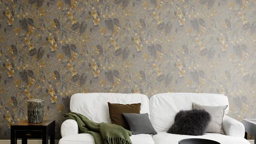 Vliestapete Rasch Floral Blumen Grau Gelb Gold Curiosity in grau von Rasch