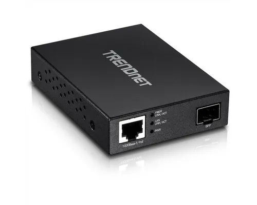 TrendNet TFC-PGSFP Medienkonverter - Gigabit PoE PD SFP Glasfaser-Medienkonverter, ideal für die zuverlässige Netzwerkverbindung über lange Distanzen.