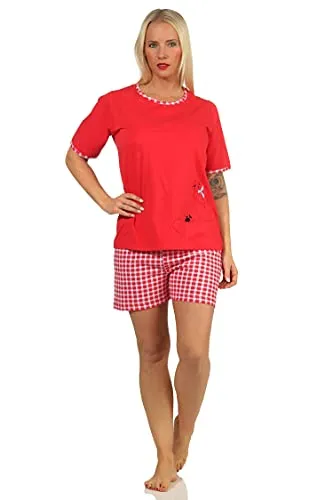 Damen Shorty Pyjama Schlafanzug Kurzarm mit süßem Katzen-Motiv - 66334, Farbe:rot, Größe:40-42