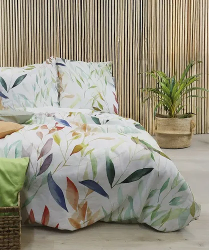 fleuresse Halbleinen Bettwäsche 135x200 - Exklusive Blätter in natur, grün und orange - Hochwertige 2-teilige Halbleinen Bettwäsche von Fleuresse, ideal für den Sommer. Angenehm weich und hautsympathisch, mit digitalem Druck und Marken-Reißverschluss. Waschbar bis 60°C, trocknergeeignet.
