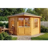 Alpholz Gartenhaus 5-Eck Monica, BxT: 325x325 cm - Gartenhaus mit stilvollem 5-Eck-Design, ideal für jeden Garten. Die hochwertige Leimholz-Doppeltür und die Echtglasfenster sorgen für eine einladende Atmosphäre und optimale Luftzirkulation.