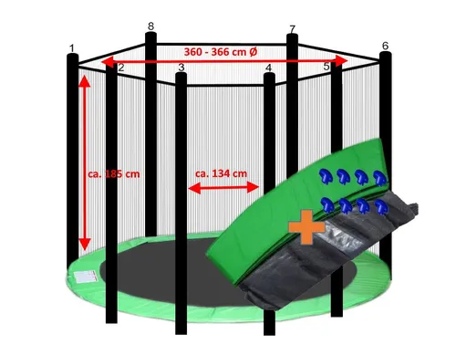 walexo Gartentrampolin Trampolin Randabdeckung mit Sicherheitsnetz für 8 Stangen, Ø 366 cm