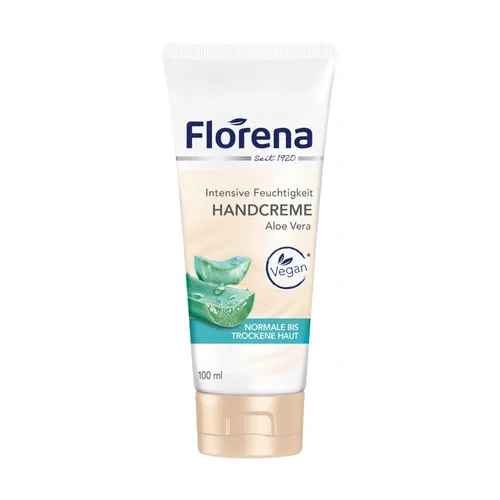 Florena Handcreme Intensive Feuchtigkeit mit Aloe Vera, 100ml - Handcreme für normale und trockene Haut, zieht schnell ein und spendet intensive Feuchtigkeit dank natürlicher Aloe Vera. Für ein geschmeidiges Hautgefühl, dermatologisch getestet und vegan.