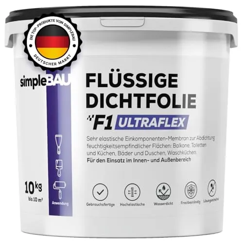 simpleBAU Flüssigfolie 10 kg – Wasserdichte Dichtfolie für Dusche, Bad & Küche - Hochflexible Abdichtung für feuchtigkeitsgefährdete Bereiche. Schnelle, einfache Anwendung mit Pinsel oder Rolle und zuverlässiger Schutz vor Feuchtigkeit und Temperaturschwankungen.