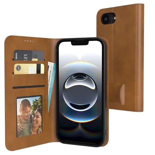 EAZY CASE - Klapphülle für iPhone 16e Hülle klappbar mit Kameraschutz Schutzhülle Magnetverschluss Ständer Vintage Klapptasche Kartenfach Sichtfenster Foto Etui Premium Handyhülle Hell Braun