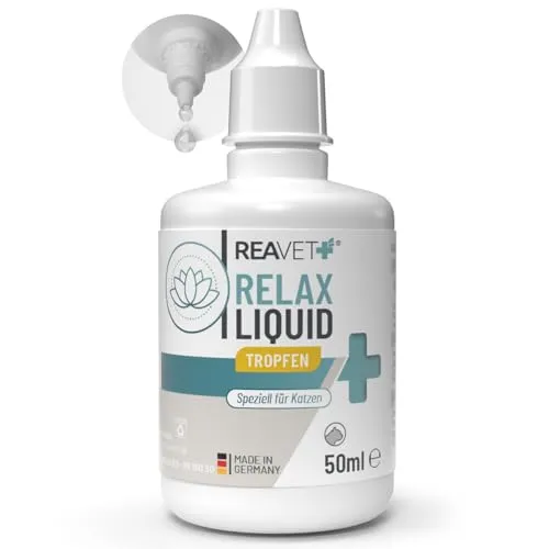 ReaVET Relax Liquid für Katzen 50ml - Beruhigung mit Baldrian, L-Tryptophan, Vitamin B12 & Melisse I Beruhigungstropfen bei Silvester, auf Reisen & Autofahrt