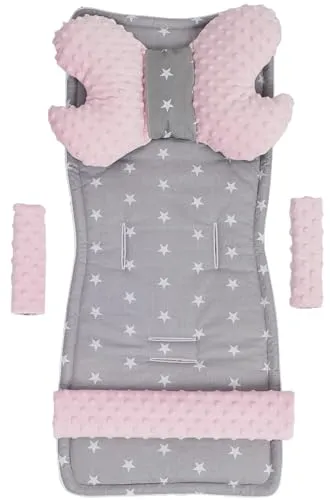 Medi Partners Sitzauflage Kinderwagen Buggy Baby Sommer Kindersitz Einlage Universal - 5tgl Gurtpolster + Spielbogen Kinderwagenset Babyschale (Sterne mit hellrosa Minky)