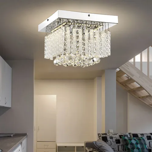 Elegante Deckenleuchte mit Glaskristallen, 1-Flammig, 12W LED - Lampen – Stilvolle Deckenlampe aus Metall und Glas, energieeffizient mit 840 Lumen und neutralweißer Lichtfarbe, ideal für Esszimmer und moderne Wohnräume.