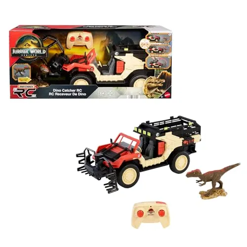 Mattel Jurassic World: Die Wiedergeburt Matchbox RC Spielzeug-Truck, ferngesteuertes batteriebetriebenes Fahrzeug mit Dinosaurierfigur, ferngesteuerter Dinofänger und Käfig für den Transport, JHB67