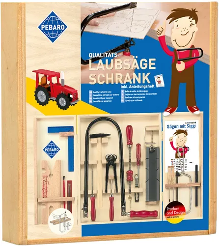 Laubsäge Werkzeugschrank für Kinder - 18-teiliges Spielwerkzeug-Set mit Holz, Kunststoff und Metall. Ideal für kreative Bastelprojekte, fördert die Feinmotorik und den Spielspaß.