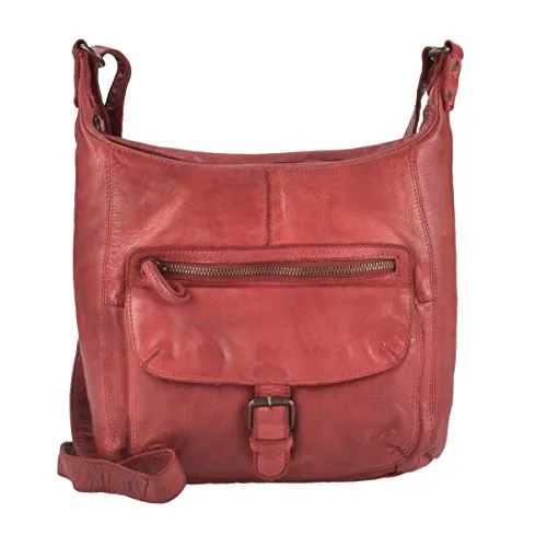 Bear Design Damen Umhängetasche - Handgefertigte Ledertasche in Rot - Umhängetasche aus der COW LAVATO Serie, handgefertigt und mit einem einzigartigen Used Look. Ideal für Alltag und Freizeit, mit praktischem Reißverschluss und verstellbarem Schultergurt.