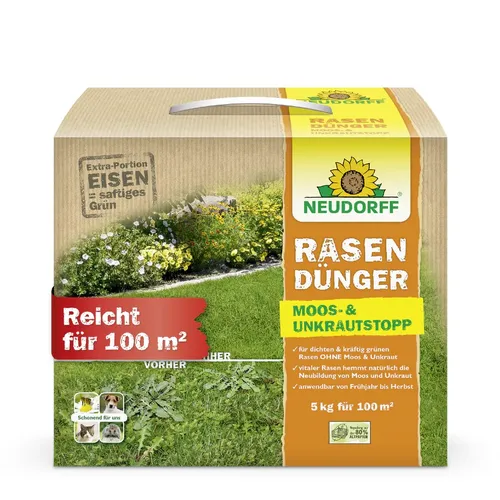 Neudorff Rasendünger Moos- und UnkrautStopp 5 kg - Rasendünger für gesunden Rasen, enthält Moos- und Unkrautstopp für eine grüne, dichte Fläche, ideal für Gartenliebhaber.