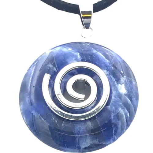 Steinfixx® - Premium Sodalith Donut optional als Kette mit Silber- oder Goldanhänger und 80cm Lederband | Heilstein | Edelstein | Chakra-Stein (Donut mit Silberspirale)