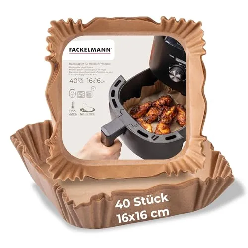 Fackelmann Backpapier für Heißluftfritteuse eckig, 16cm, 40 Stk. 42678 - Küchenutensilien für Heißluftfritteusen, 40 wasser- und ölfeste Bögen verhindern Ankleben und sind bis +220 °C hitzebeständig.