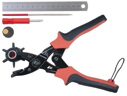 AGT Lederwerkzeuge: Lochzangen-Set für Leder, inkl. Schraubenzieher, Lineal und Feile (Riemen-Lochstanzer-Werkzeug, Leder-Lochwerkzeug-Set)