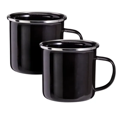 2x Emaille Becher 350 ml Schwarz mit Griff Tasse Camping Kaffee Tee Kaffeetasse