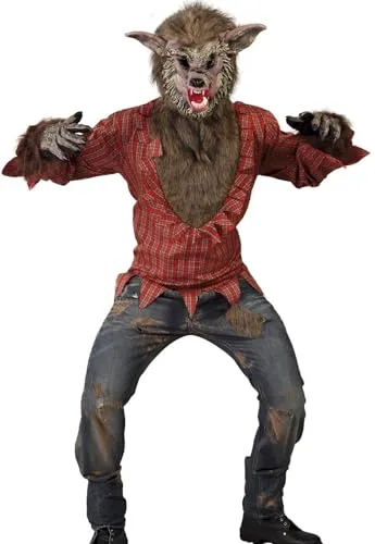 Böser Wolf Herrenkostüm Rotkäppchen für Herren - M/L - Kostüm für Halloween mit furchteinflößender Werwolf-Maske und rotem Hemd. Ideal für schaurige Abenteuer und kreative Partys, verwandeln Sie sich in die legendäre Bestie!