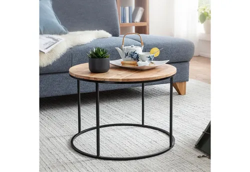 FINEBUY Couchtisch FB54855 - Akazie Massivholz & Metall - Stylischer Couchtisch aus handgefertigtem Akazienholz und schwarzem Metallgestell, ein Unikat für Ihr Wohnzimmer mit einzigartiger Maserung und wohnlicher Wärme.