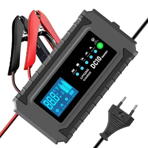 Intelligentes Batterieladegerät, 12 V/24 V, 10 A, automatische Erhaltung und Reparatur, tragbar, mit LCD-Display, für Auto, Motorrad, LKW, AGM, Gel, Wet, SLA(8–100 Ah) (schwarz)