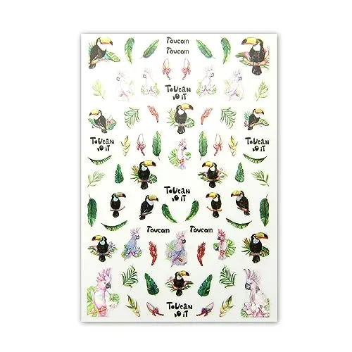 Blatt Nagelsticker - hauchdünne Stick On Nail Slides - Selbstklebende Nail Sticker mit Metallicfolie, Tukan, Papagei 3