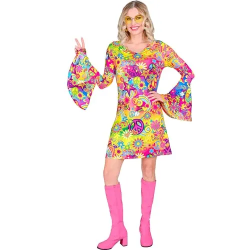 W WIDMANN MILANO Party Fashion - 60er Jahre Hippie Kleid, farbenfroh mit Peace-Zeichen und Trompetenärmel, perfekt für Schlagermove und Mottopartys