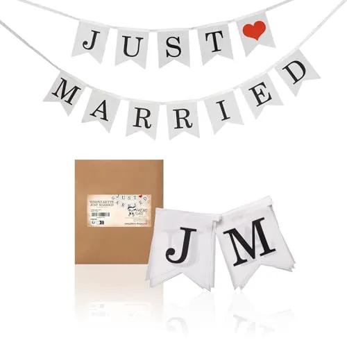 PHENO FLAGS Wimpelketten-Set JUST Married aus Stoff – Dekorative Hochzeitsdekoration (2X Wimpelketten)