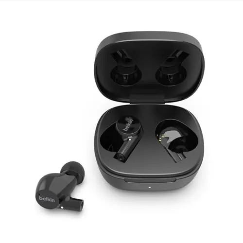 Belkin SoundForm Rise True Wireless In-Ear-Kopfhörer - Bluetooth 5.2 Kopfhörer mit IPX5 Schutz, bis zu 31 Stunden Akku und klarer Sprachqualität dank Dual-Beamforming-Mikrofonen – ideal für Musik und Anrufe.